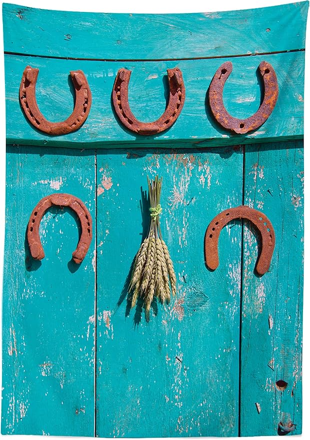 Ambesonne Western Tablecloth, Rustic Weathered Picture of 5 Antique Rusty Lucky Horseshoe and Wheat Ears Bunch Print, Rectangular Table Cover for Dining Room Kitchen Decor, 60" X 90", Turquoise Brown