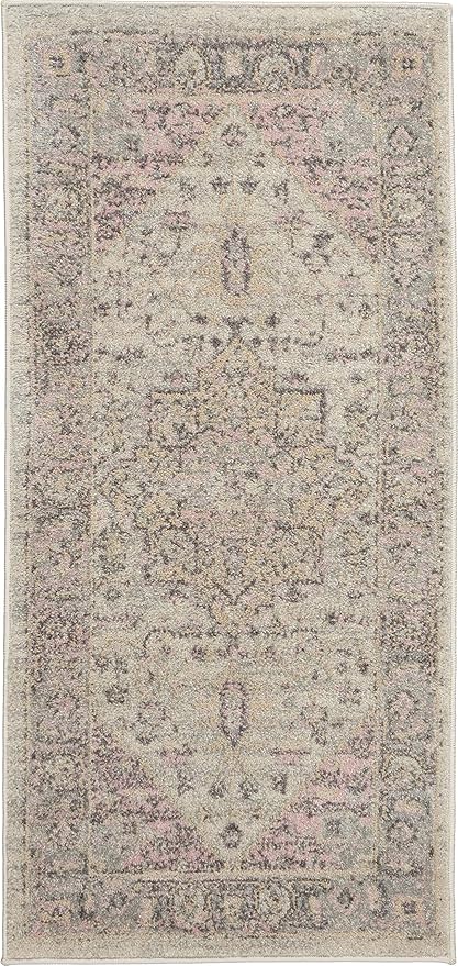Nourison Home Tranquil Ivory/Pink 2' x 4' Area Rug, Distressed, Bed, Living, Dining Room, Kitchen, Easy Cleaning, Non Shedding