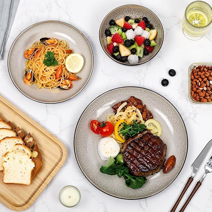 Plates and Bowls Sets for 6 - CJDC-QUELO 18-Piece Stoneware Dinnerware Sets, Ceramic Dishware Set for Indoor Kitchen Use and Formal Dining, Chip and Scratch Resistant Microwave Dishwasher Safe, Brown