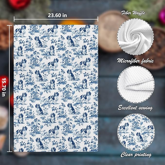 Chinoiserie Cavalier King Charles Spaniel Kitchen Towels, Cavalier Spaniel Gifts Decorative Dish Tea Towels, Blue and White Grandmillennial Dog Hand Towels for Kitchen Bathroom, 16x24 Inch