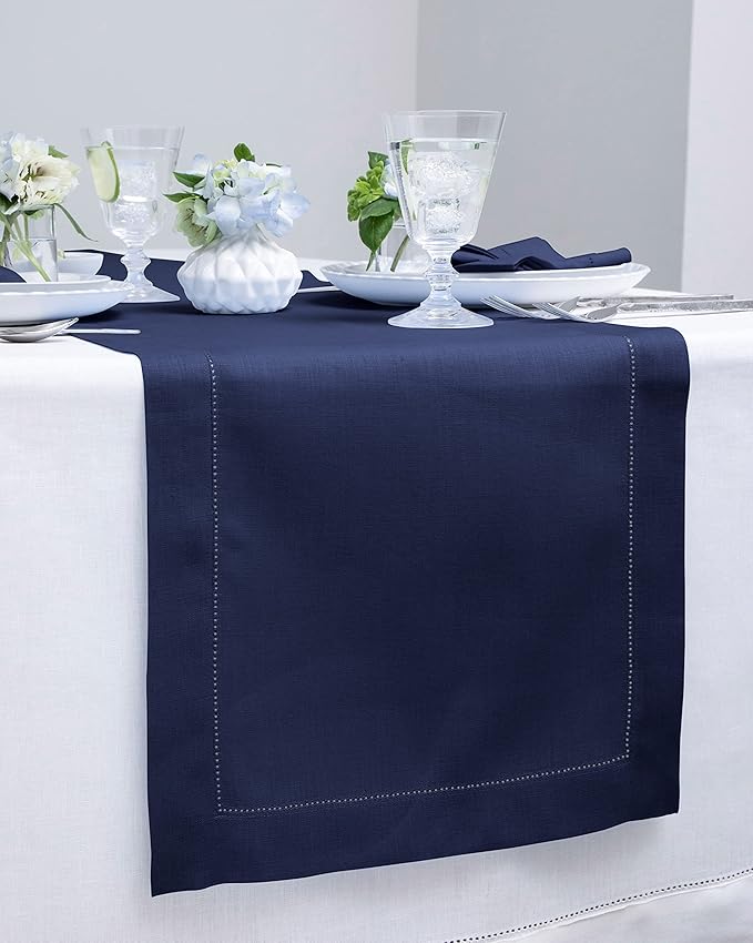 Solino Home Linen Navy Blue Table Runner 72 Inches Long - 100% Pure Linen Hemstitch Table Runner 14 x 72 Inch for Dresser, Dining, Winter, New Year - Classic Hemstitch