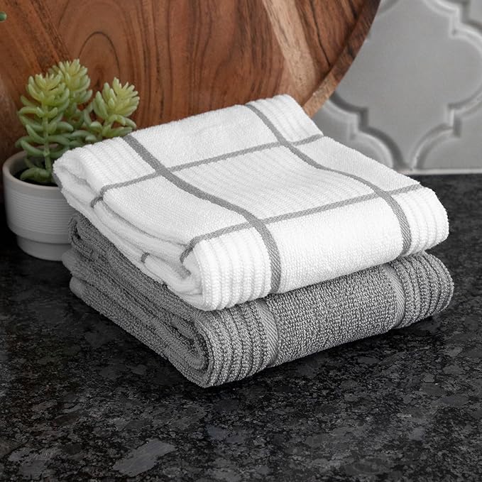 T-fal Solid & Checked Parquet Kitchen Towels: Highly Absorbent, Super Soft Long Lasting - 100% Cotton, 16"x26" Dish Towels for Cleaning & Drying Dishes, Pans, Glassware, or Countertops, (2-Pack), Gray