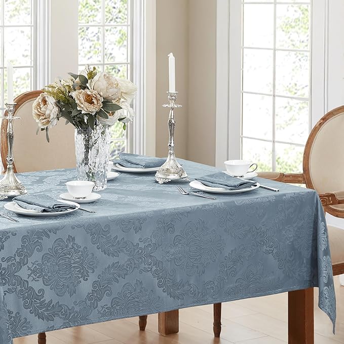 Newbridge Christmas Barcelona Damask Fabric Tablecloth, 52 x 52 Inch Square, Blue – No Iron, Soil Resistant Table Cover for Dining, Parties and Holidays