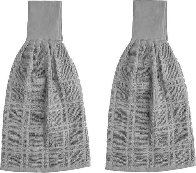 Blue Needles Hanging Kitchen Towels - Grey 100% Cotton Solid Kitchen Tie Towel, Set of 2 Hand Dish Cloth with Hanging Loops 9 x 17 Inches, Absorbent, Super Soft, and Fast Drying Home Essential