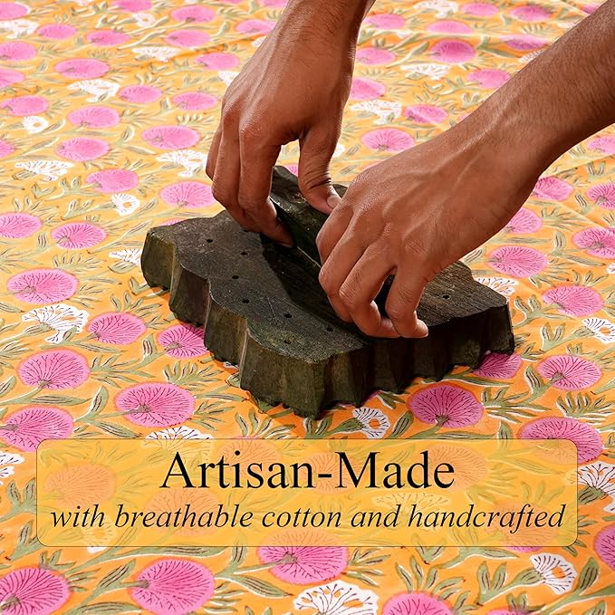Ridhi Bubblegum Pink Hand Block Print Cotton Rectangle Tablecloth 90" x 60" inches Reusable Table Cover Decorative Everyday Use for Dining, Farmhouse, Home, Party, Festive, Wedding, Fall