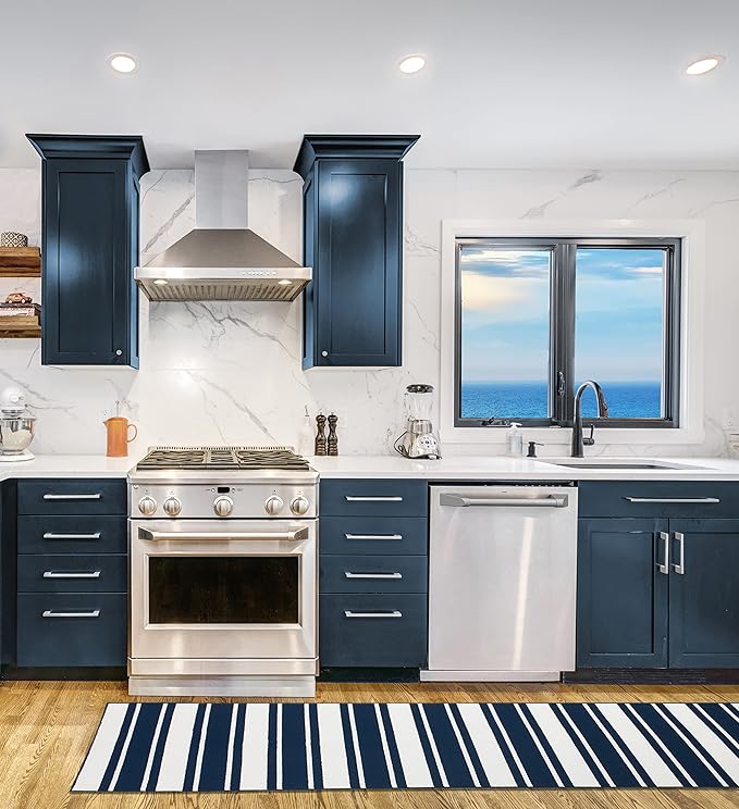 Nautica – Runner Rug | Indoor Runners for Hallways and Entry Rugs| Non-Slip and Non-Skid Entry and Kitchen Door Mat| Machine Washable Entryway Carpet Rugs |26” x 96” | Stripe Navy