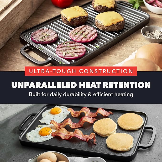 GreenPan x Bobby Flay Cast Iron Pre-Seasoned 16.5 x 9.5” Reversible Double Burner Griddle, Rectangular Grill, Helper Handles, Induction, Versatile Stovetop Oven BBQ & Fire, Indoor & Outdoor Use, Black