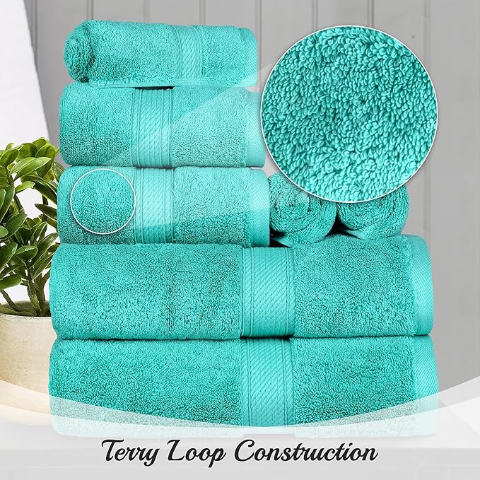 Superior Egyptian Cotton Pile 8 Piece Towel Set, Includes 2 Bath, 2 Hand, 4 Face Towels/Washcloths, Ultra Soft Luxury Towels, Thick Plush Essentials, Guest Bath, Spa, Hotel Bathroom, Turquoise
