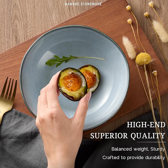 HaWare Dinnerware Sets, 24-Piece Stoneware Plates and Bowls Set, Dish Set for 8, Ceramic Dishware for Home Restaurant, Chip and Scratch Resistant, Microwave and Dishwasher Safe, Reactive Foggy Blue