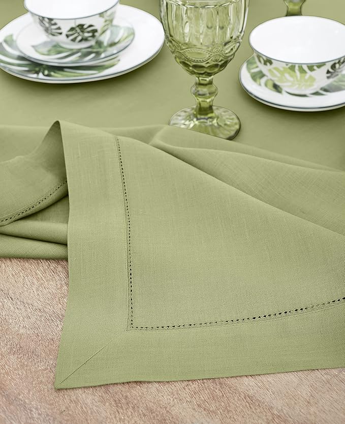Solino Home Linen Tablecloth 60 x 90 Inch - Classic Hemstitch 100% Pure Linen Moss Green Table Cloth for Rectangle Tables - Machine Washable Tablecloth for Winter
