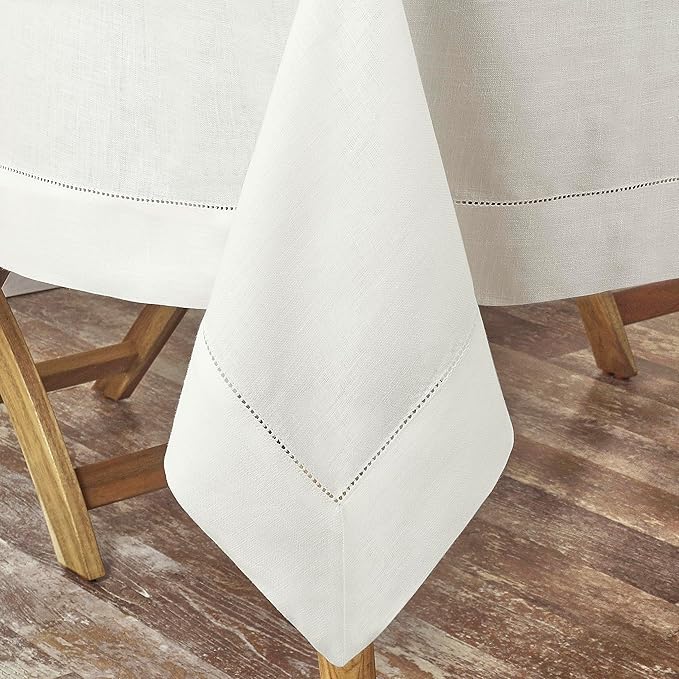 D'Moksha Homes Ivory Linen Tablecloth 60 x 120 Inch - 100% Pure Linen Hemstitch Tablecloth for Rectangle Tables - Classic Hemstitch, Machine Washable Table Cloth for Christmas, Holiday, New Year
