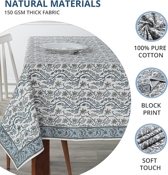 Ridhi Baby Blue Eyes Hand Block Print Cotton Rectangle Tablecloth 90" x 60" inches Reusable Table Cover Decorative Everyday Use for Dining, Farmhouse, Home, Party, Festive, Wedding, Fall