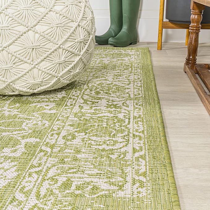 JONATHAN Y Weave Floral Indoor Outdoor Square Area Rug 5X5 Green/Cream, Tela Bohemian Textured for Backyard, Patio, Porch, Easy-Cleaning, High Traffic, Pet-Friendly, Non-Shedding (SMB100D-5SQ)