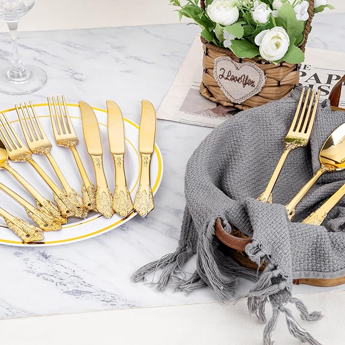WDF 120PCS Gold Plastic Silverware - Heavy Duty Gold Plastic Cutlery Set Disposable Utensils - 40 Forks, 40 Spoons, 40 Knives, Perfect for Thanksgiving Party/Weeding and Daily Use