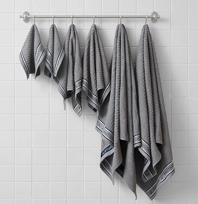 Nautica - Bath Towels, 100% Soft & Absorbent Fluffy Cotton, Highly Absorbent & Quick Dry, Medium Weight Bathroom Towels (Signature Grey, 6 Piece)