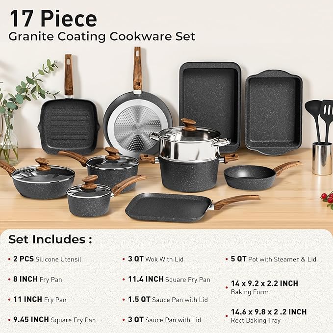 DishDelight Pots and Pans Set Non Stick, 17 Pieces Granite Kitchen Cookware Sets with Nonstick Granite Coating, Induction Cooking Set, Black
