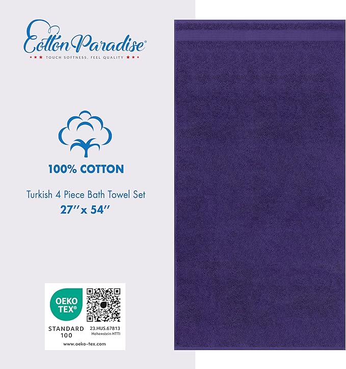 Cotton Paradise 4 Piece Turkish Bath Towels for Bathroom, 100% Cotton Extra Large Soft Plush Towels Bathroom Set, Purple