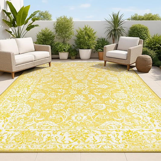 JONATHAN Y Weave Floral Indoor Outdoor Area Rug 9X12 Yellow/Cream, Tela Bohemian Textured for Backyard, Patio, Porch, Easy-Cleaning, High Traffic, Pet-Friendly, Non-Shedding (SMB100E-9)
