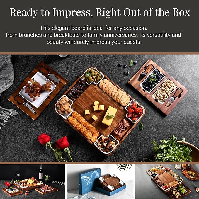 Shanik Upgraded Acacia Cheese Board Set, Square Shaped Charcuterie Set, Cheese Platter, Handcrafted Design and Stainless Steel Cutlery Set - Gift for Any Occasion with Engraving