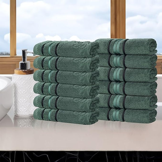 Superior Cotton Face Towel/Washcloth Set, Small Facial Towels, Spa, Hotel, Guest, Home, Bathroom Basics, Plush Soft Absorbent, Luxury Quick Drying, Zero Twist, Floral Design, Set of 12, Forest Green