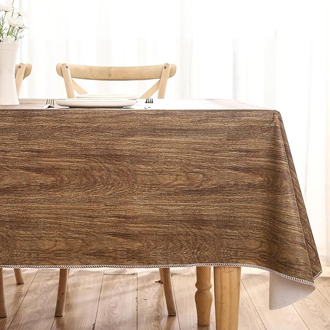 Walrus Heavy Duty Vinyl Tablecloth with Flannel Backing Waterproof Oil-Proof Plastic Table Cloth Stain-Resistant Wipeable Rectangle or Square Table Cover for Indoor and Outdoor (Wood, 60X102 Inch)