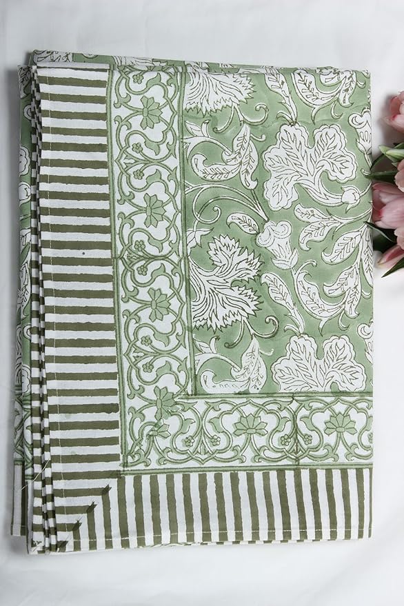 Ridhi - Hand Block Print Cotton Cloth Dinning Table Cover Wedding Farmhouse Thanks Giving Christmas Spring Tablecloth (Sage Green, 10 Seater 80x120 Inches)
