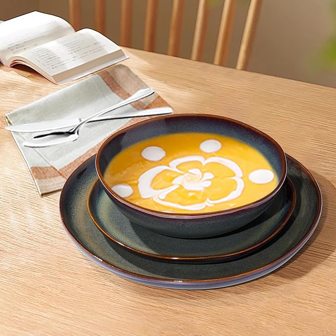 Herogo Stoneware Dinnerware Sets for 8, 24 Piece Plates and Bowls Dish Set, Irregular Handmade Dinner Ware Dishware for Kitchen Dinning, Microwave & Dishwasher Safe, Lichen Green