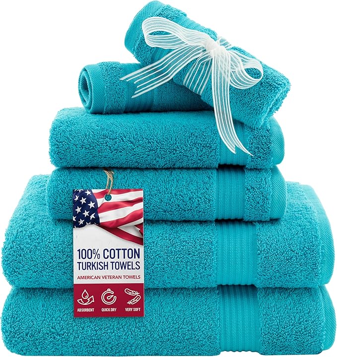 American Veteran Towel, 6 Piece Towel Set for Bathroom, 100% Cotton Turkish Bathroom Towels, 2 Bath Towels 2 Hand Towels 2 Washcloths, Aqua Blue