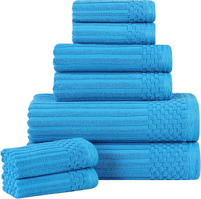 Cotton 8-Piece Solid and Ribbed Towel Set, Face Towels 13” x 13”, Hand Towels 16” x 28”, Bath Towels 27” x 54”, Azure by Superior