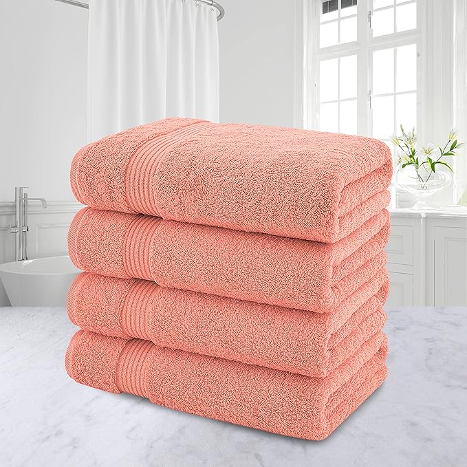 American Veteran Towel, 100% Cotton Turkish Bath Towels for Bathroom 4 Pack, 27x54 Extra Large Premium Soft Drying Bathroom Towels, Coral
