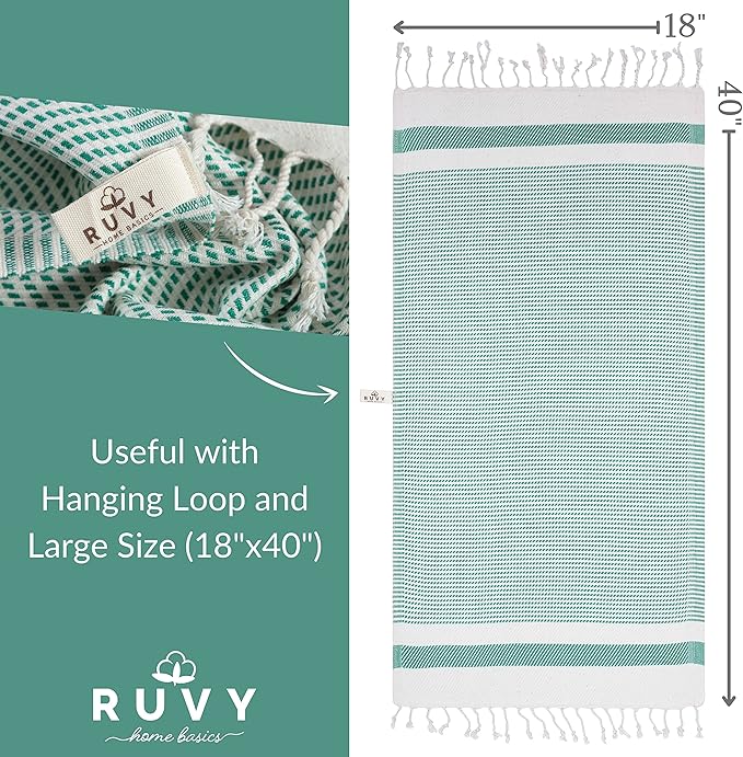 Ruvy Home Basics Turkish Hand Towels for Bathroom Set of 2 | 18"x40", Cotton | Decorative Towel for Bathroom, Kitchen, Dishcloth, Tea, Yoga, Face, Gym - Green