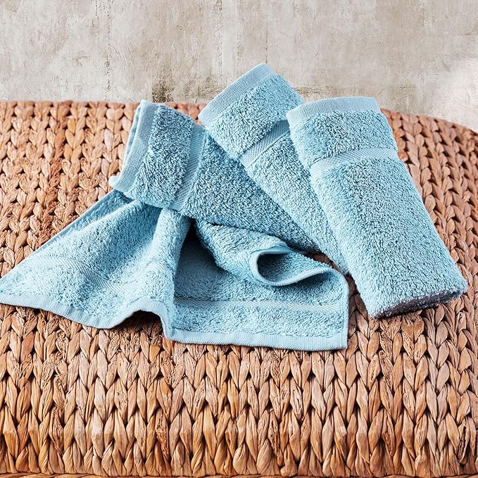 Hawmam Linen Luxury Cotton Washcloths 13x13 Inch - Large Hotel Spa Bathroom Face Towel | 12 Pack | Light Blue
