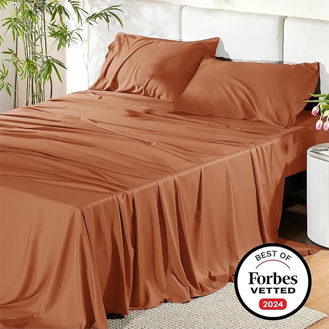 Bedsure Full Size Bed Sheets, Cooling Sheets, Rayon Derived from Bamboo, Breathable & Soft, Deep Pocket Up to 16 Inches, Hotel Luxury Silky Bedding for Hot Sleepers, Burnt Orange