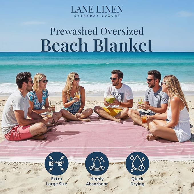 LANE LINEN Beach Vacation Essentials Blanket- Large Beach Blanket Sandproof with Quick Dry Comfort 82"x82", Perfect for Family Vacations, Park Outings, or Social Games – Candy Pink