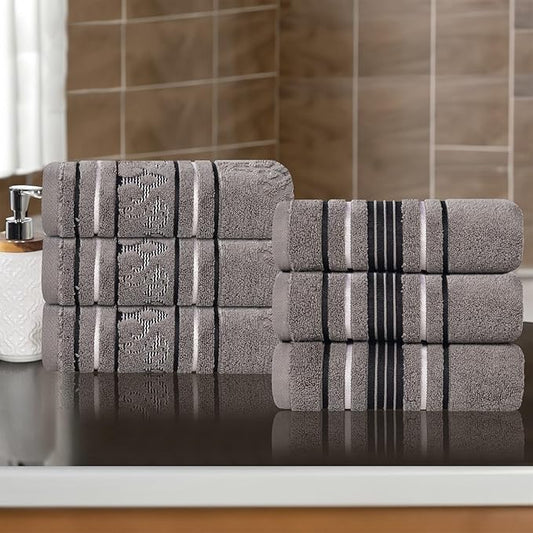 Superior Cotton Hand Towel Set, Small Towels, Plush Soft Absorbent Bathroom Basics, Home Essentials, Spa, Salon, Hotel, Kitchen, Luxury Quick Drying, Zero Twist, Assorted Design, Set of 6, Charcoal