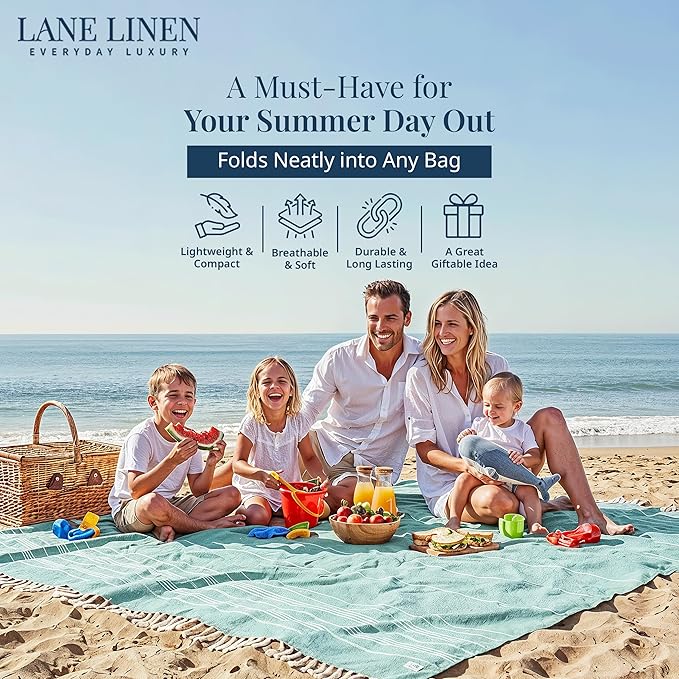 LANE LINEN Beach Towels Oversized - Beach Supplies, Turkish Beach Blanket with Lightweight Sand-Free Feel – 82"x82", Perfect for Poolside Lounging & Park Picnics – Hunter Green