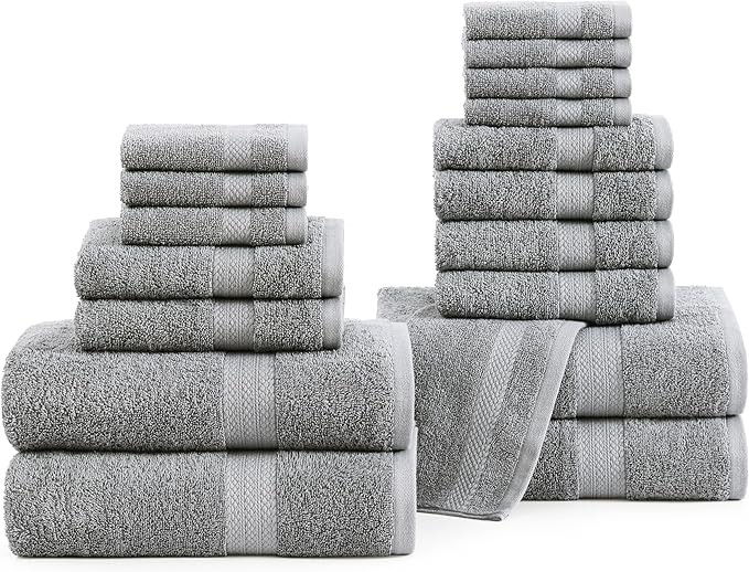 LANE LINEN 100% Ring Spun Cotton Bath Towel Set - 18 PCs - 4 Shower Towels, 8 Washcloths, 6 Hand Towels for Bathroom - Machine Washable, Quick Drying, Soft & Highly Absorbent - Space Grey