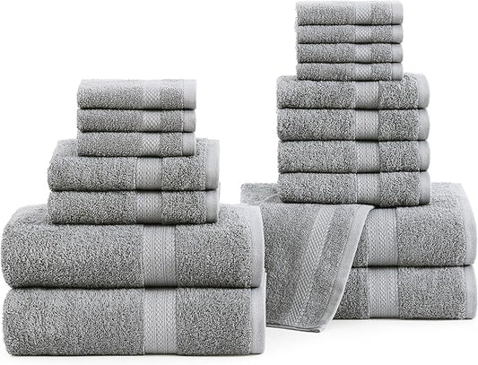 LANE LINEN 100% Ring Spun Cotton Bath Towel Set - 18 PCs - 4 Shower Towels, 8 Washcloths, 6 Hand Towels for Bathroom - Machine Washable, Quick Drying, Soft & Highly Absorbent - Space Grey
