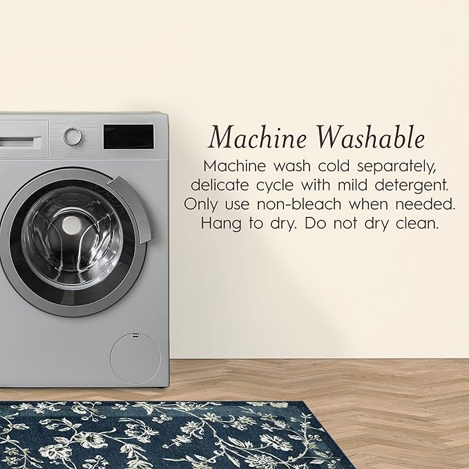 Laura Ashley Dark Navy Aria Floral Border Machine Washable & Slip Resistant 5' x 7' Area Rug