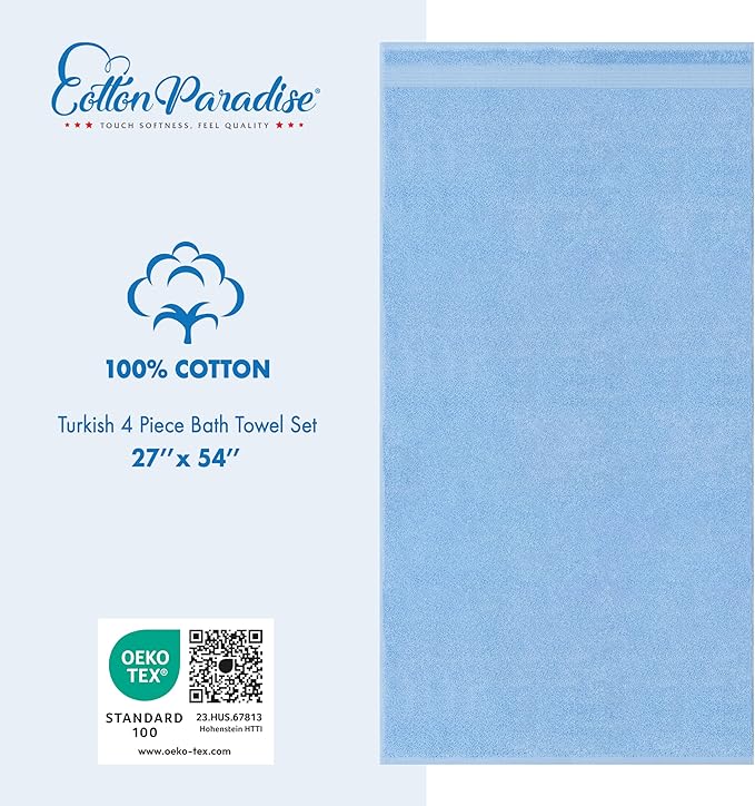 Cotton Paradise 4 Piece Turkish Bath Towels for Bathroom, 100% Cotton Extra Large Soft Plush Towels Bathroom Set, Sky Blue