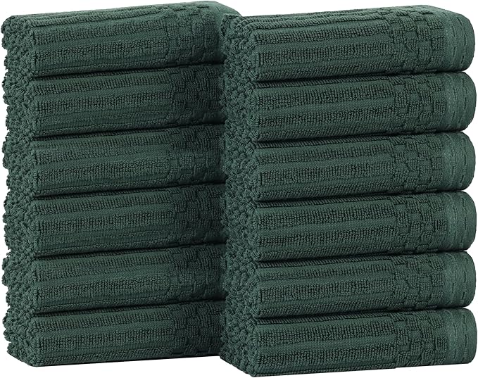 Superior Cotton Face Towel/Washcloth Set of 12, Daily Use for Bathroom, Guest Bath, Quick Dry Small Towels, Face, Hand, Gym, Spa, Hotel, Absorbent, Essentials, Ribbed, Soho Collection, Forest Green