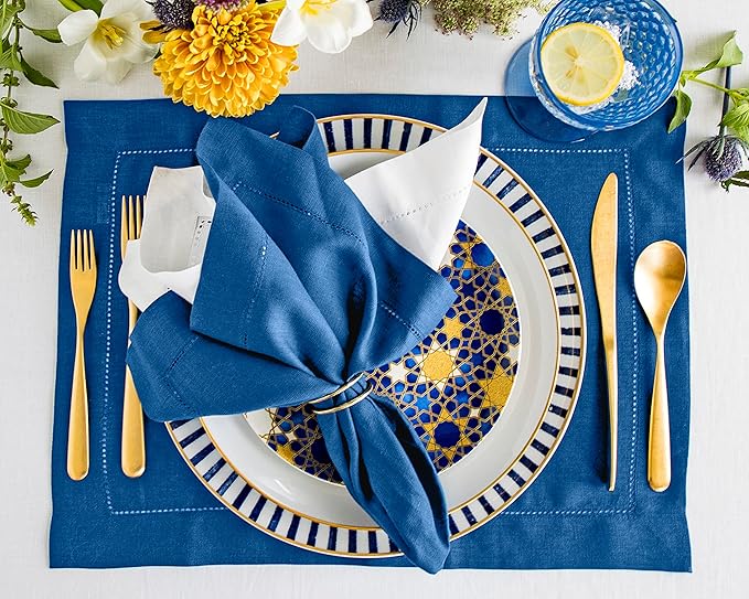 Solino Home Linen Napkins Set of 4 - Classic Hemstitch 100% Pure Linen Indigo Blue Dinner Napkins Cloth 20 x 20 Inch for New Year - Handcrafted and Machine Washable