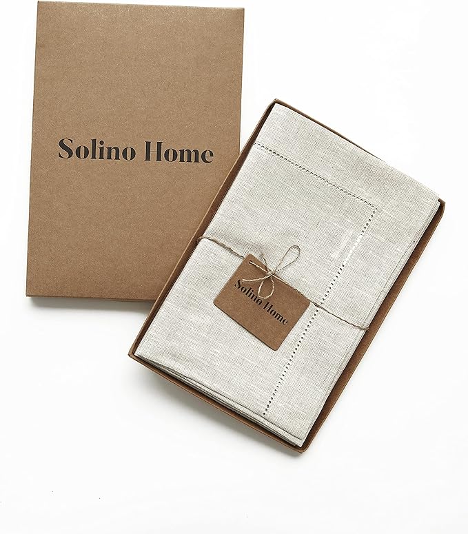 Solino Home Light Natural Linen Napkins Set of 6-100% Pure Linen Hemstitch Dinner Napkins 20 x 20 Inch for Holiday, New Year - Classic Hemstitch