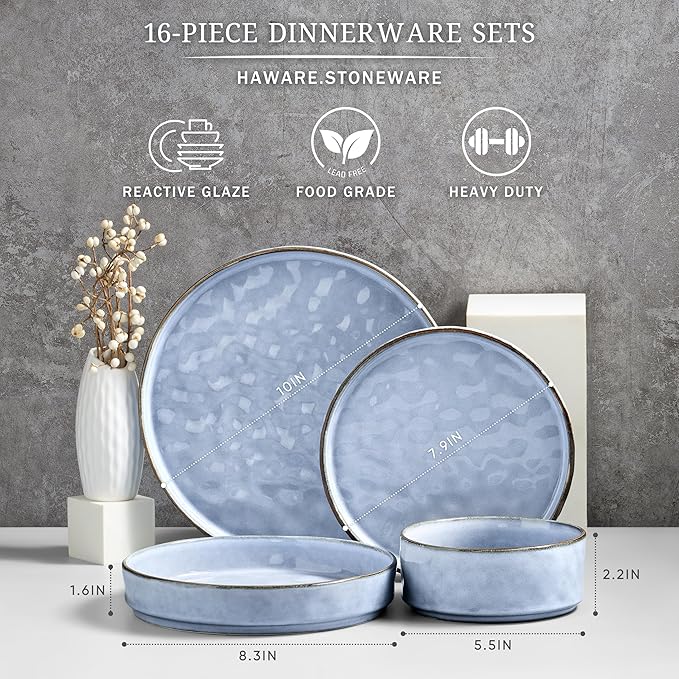 HaWare Dinnerware Sets, 16-Piece Plates and Bowls Set, Stoneware Dish Set for 4, Ceramic Dishware Set for Pasta Cereal, Chip and Scratch Resistant, Microwave and Dishwasher Safe, Reactive Blue