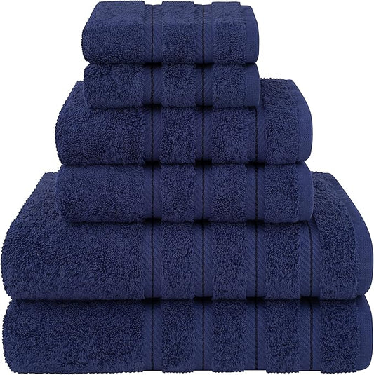 American Soft Linen Luxury 6 Piece Towel Set, 2 Bath Towels 2 Hand Towel 2 Washcloths, 600 GSM 100% Cotton Turkish Towels for Bathroom, Navy Blue Towel Sets