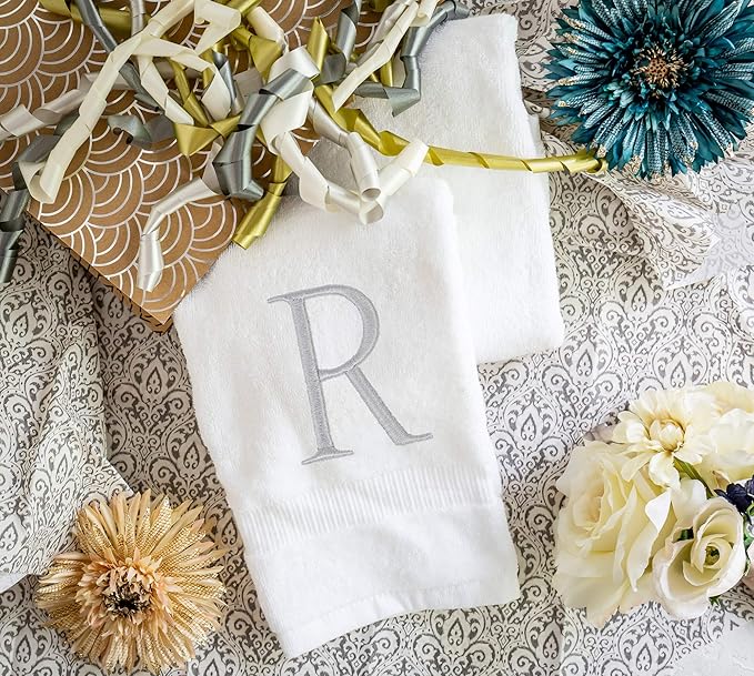 Monogrammed Hand Towels for Bathroom - Luxury Hotel Quality Personalized Initial Decorative Embroidered Bath Towel for Powder Room, Spa - GOTS Organic Certified - Set of 2 Letter R
