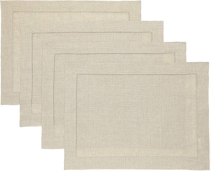Solino Home Linen Placemats Set of 4 - Classic Hemstitch Natural Placemats 14 x 19 Inch - 100% Pure Linen Table Mats for Holiday, New Year