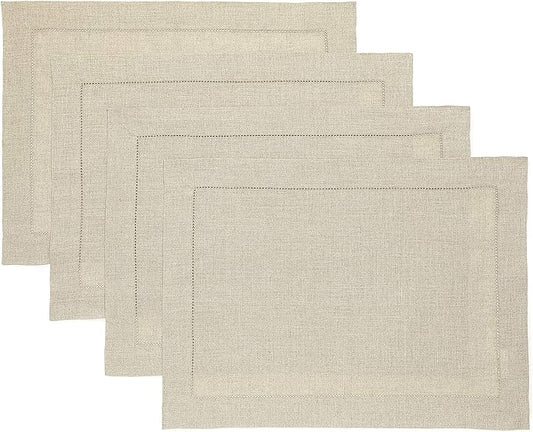 Solino Home Linen Placemats Set of 4 - Classic Hemstitch Natural Placemats 14 x 19 Inch - 100% Pure Linen Table Mats for Holiday, New Year
