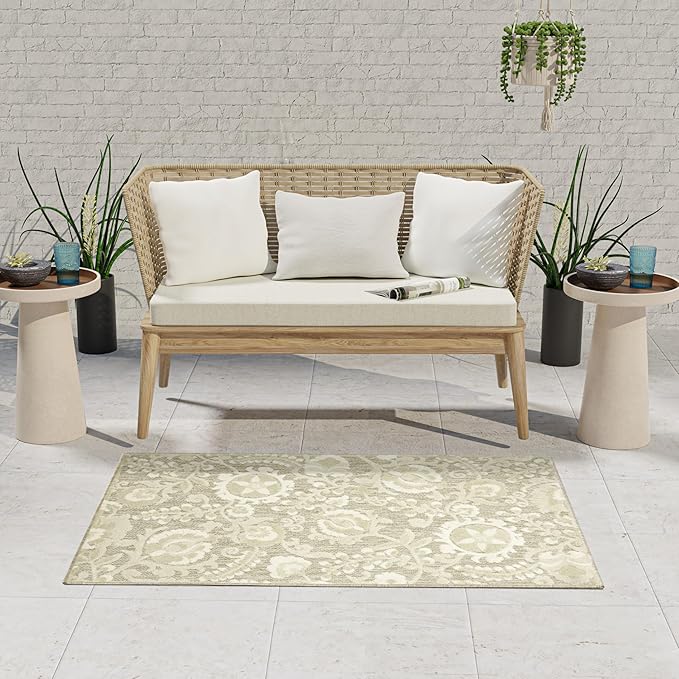 Nourison Home Aloha Ivory Sage 2'8" x 4' Area Rug - Easy Clean, Non Shedding, Bed Room, Living Room, Dining Room, Kitchen (3' x 4')