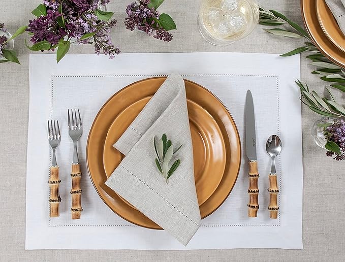Solino Home Linen Cloth Placemats Set of 4-100% Pure Linen Medium Weight Hemstitch White Placemats 14 x 19 Inch - Handcrafted and Machine Washable Table Place Mats for Valentines